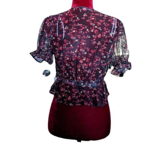 LuLu's Signature Style Black Floral Ruffle Sheer Wrap Top Size Small - Picture 6 of 9